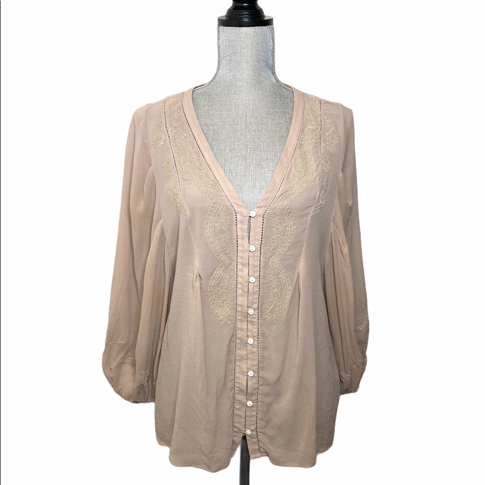 JOIE Embroidered Silk Taupe Blouse S
